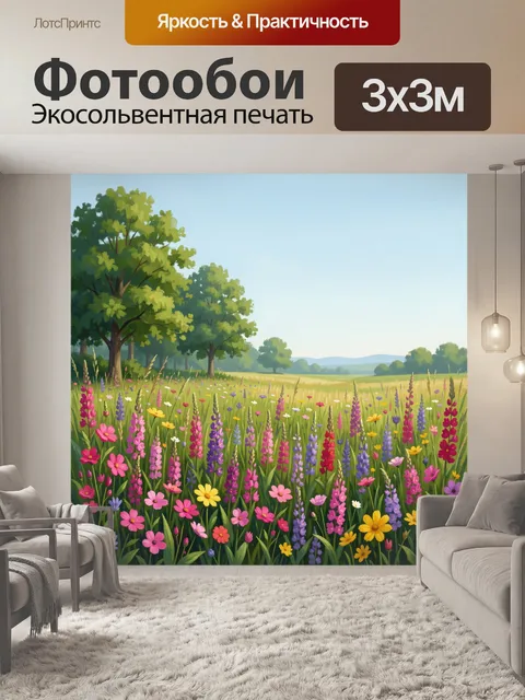 Фотообои Цветущий луг с деревьями