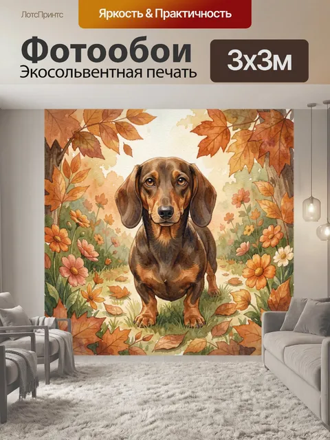 Фотообои Такса среди осенних листьев