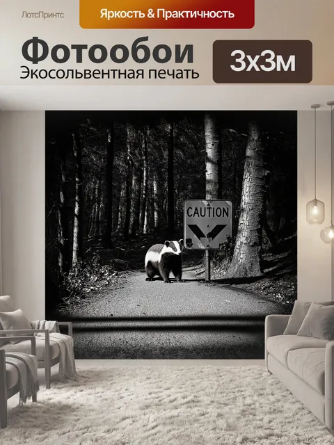Фотообои уединенное местечко леса, где на дороге стоит износившийся дорожный знак "осторожность" с изображением барсука