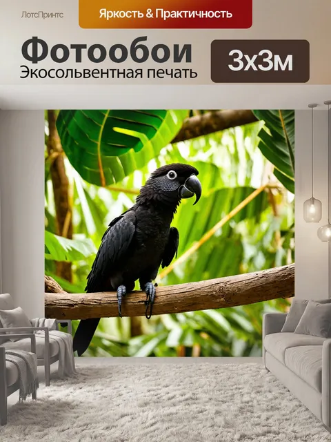 Фотообои с черным попугаем на деревянной ветке