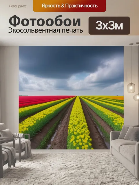 Фотообои поля тюльпанов с небом в облаках