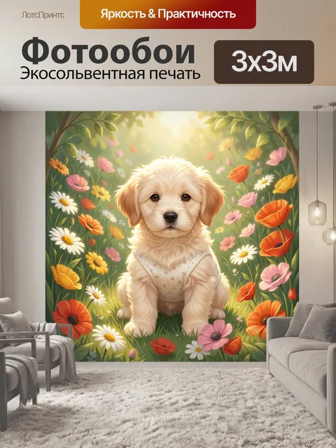 Фотообои Щенок в цветущем саду