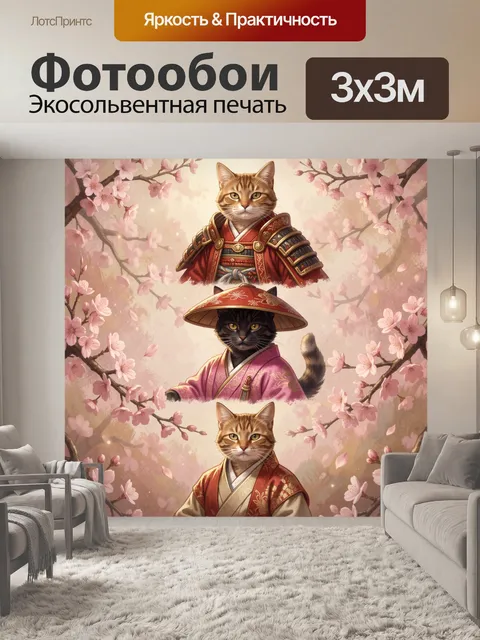 Фотообои Коты в японских кимоно среди сакуры