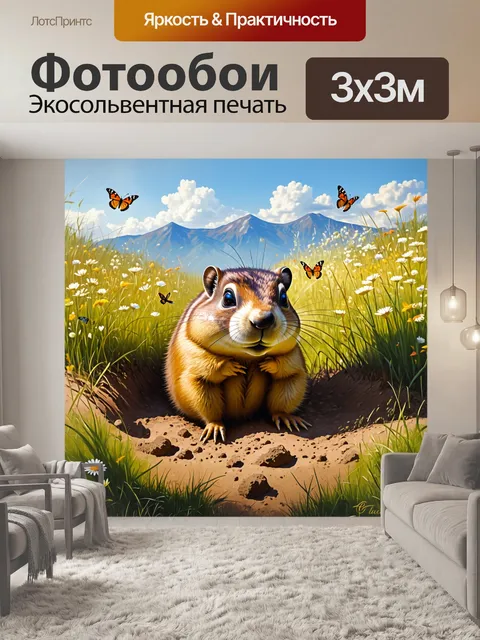 Фотообои суслик, выбирающийся из своей норы на фоне цветущей луговой травы, освещенный мягким утренним солнцем