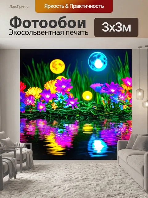 Фотообои природа в стиле неоновый: водная гладина с отражениями неоновых цветов и света лунного карнавала