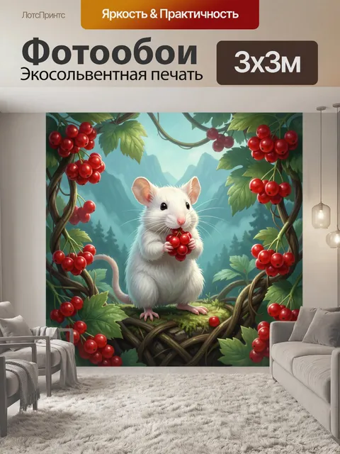 Фотообои Белая мышь с красными ягодами