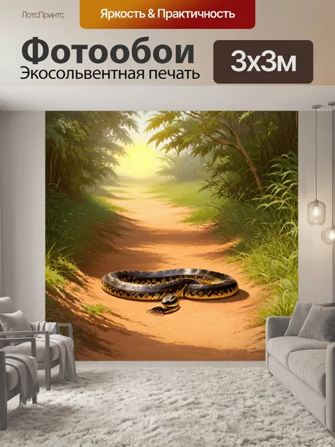 Фотообои картинка, на которой анаконда ползет по живописной тропе в джунглях, освещенной тусклым светом заката