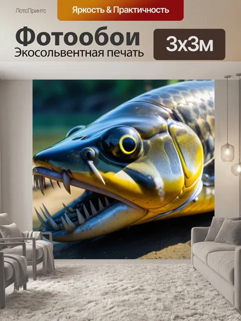 Фотообои пиранья, гризущая морепродукты на берегу реки