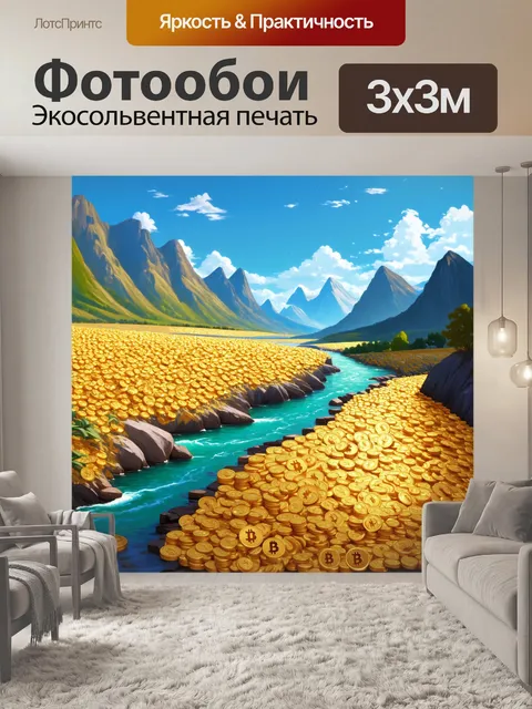 Фотообои пейзаж, где река состоит из криптовалютных символов, и горы густо покрыты золотыми монетами, с ясным небом…