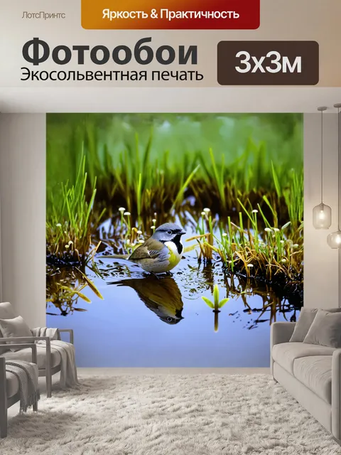 Фотообои тихая и спокойная сцена с синицей, сидящей возле водоемчика, окруженного зеленой травой и ростками