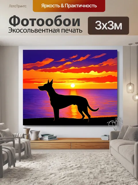 Фотообои басенджи на фоне заката у моря, с его силуэтом на фоне ярких оранжевых и фиолетовых облаков