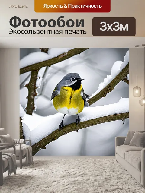 Фотообои синица, щебечущая на ветке, окружённая зимним снегом и инеем; эстетика минимализма в фотосъемке, выделяющая…