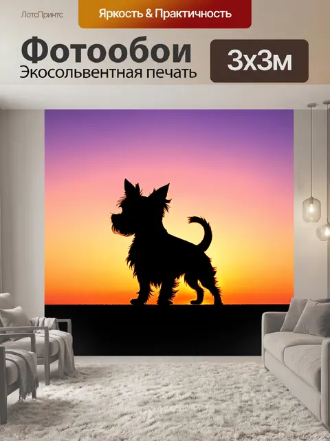 Фотообои силуэт йоркширского терьера на фоне заката