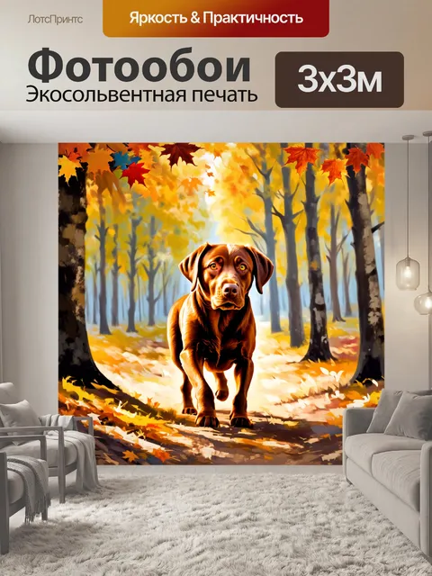 Фотообои изобразите коричневого лабрадора-ретривера, который исследует осенний лес, окруженный яркими листьями