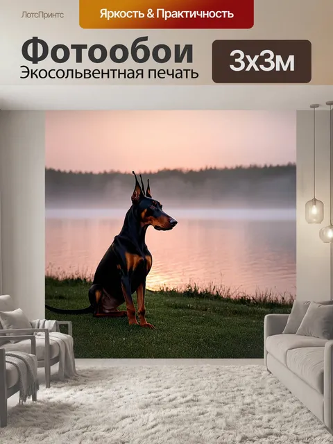 Фотообои доберман, наблюдающий за мгновениями рассвета на берегу озера, где туман стелется по воде, создавая…
