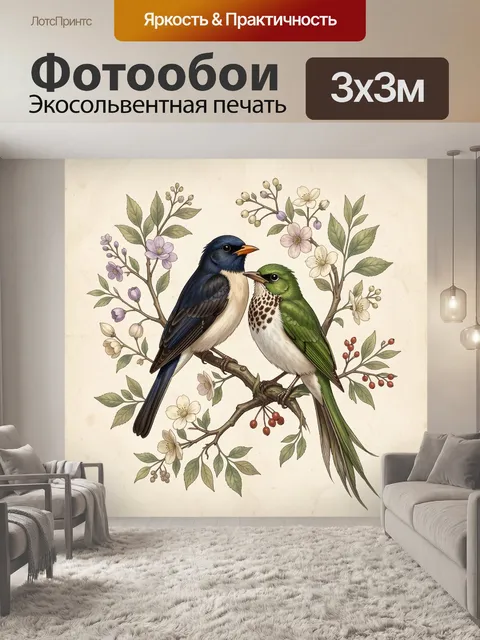 Фотообои Две птицы на цветущей ветке