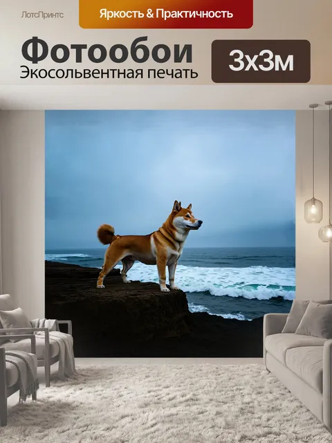 Фотообои сиба ину стоит на краю утёса, созерцая безбрежное море под облачным небом