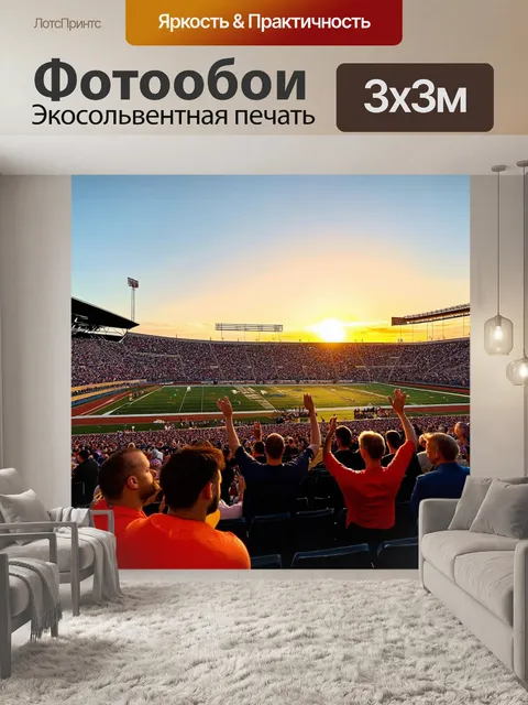 Фотообои закат на стадионе, зрители аплодируют, талантливые спортсмены, вокруг атмосфера волнения