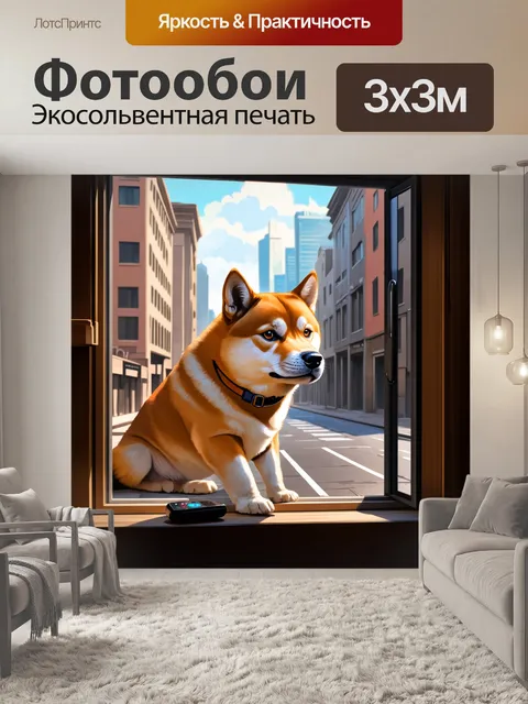 Фотообои сиба-ину на фоне городского пейзажа, смотрящая через стекло на цифровой интерфейс удаленного доступа