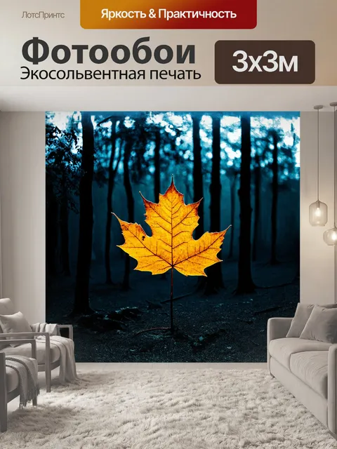 Фотообои **кленовый лист на фоне тёмного леса, покрытого чернью, в стиле плёночной фотографии с эффектом зернистости**