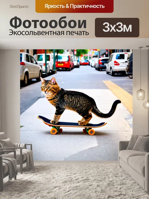 Фотообои кошки, катающиеся на скейтборде по тротуарам города