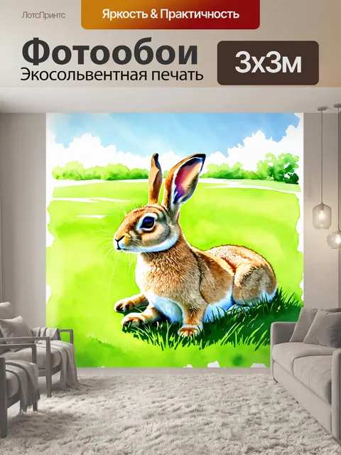 Фотообои заяц, лежащий на зелёной траве, медитирует, взглянув на яркое весеннее небо