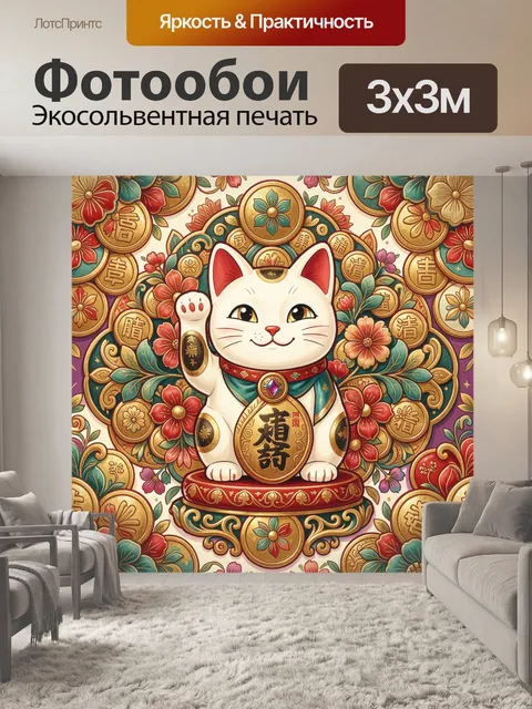 Фотообои Манеки-неко с монетами и цветами