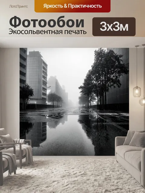 Фотообои туман в стиле черно-белый, город после дождя, окутанный туманом, отражениями в лужах