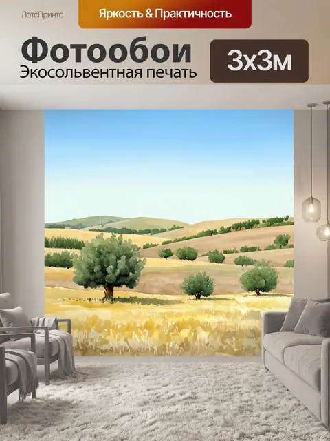 Фотообои поля с оливковыми деревьями и мягкими холмами под ясным небом