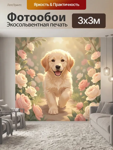 Фотообои Щенок золотистого ретривера в цветах