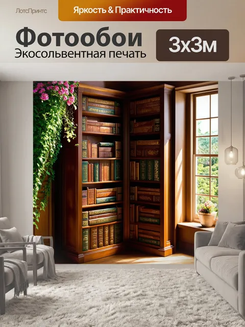 Фотообои деревянный книжный шкаф, аккуратно устроенный в углу старого дома, вокруг – зелень и цветки