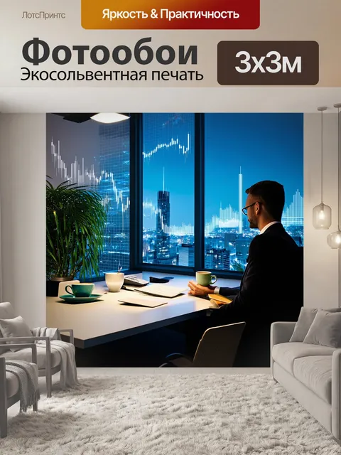 Фотообои стильный офис в стиле лофт, где бухгалтер с чашкой кофе наблюдает за городскими огнями через большое окно