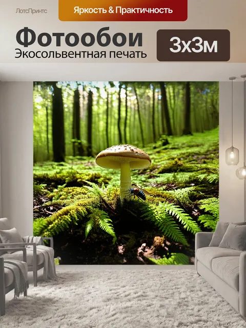 Фотообои одинокий мухомор, стоящий в центре лесной поляны, окружен раскидистыми папоротниками и пушистым мхом…