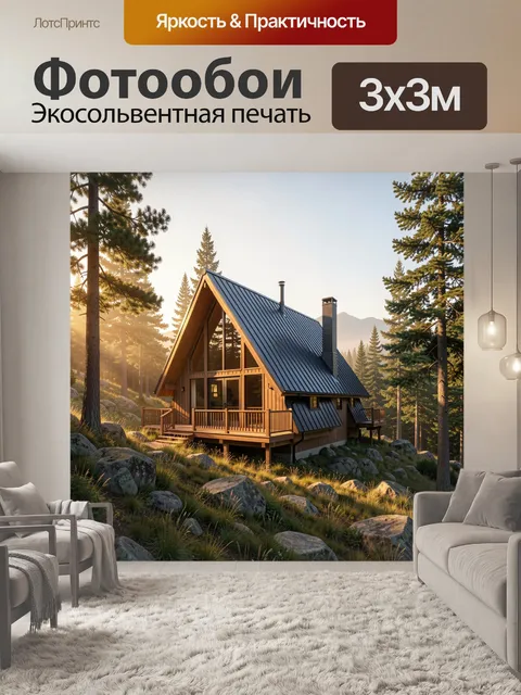 Фотообои Дом в хвойном лесу у гор