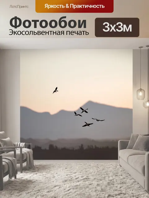 Фотообои гуси, парящие в небесах над каменистыми горами ранним утром, когда туман окутывает вершины