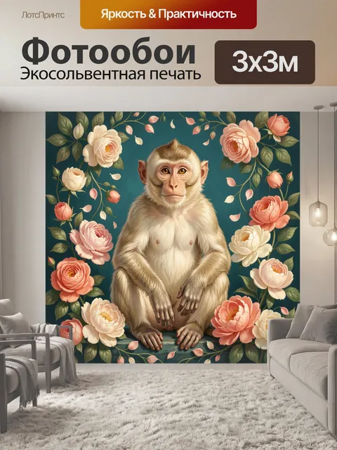 Фотообои Обезьяна среди цветущих пионов