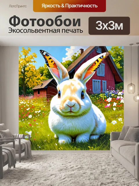 Фотообои бабочка на носу у живописного кролика