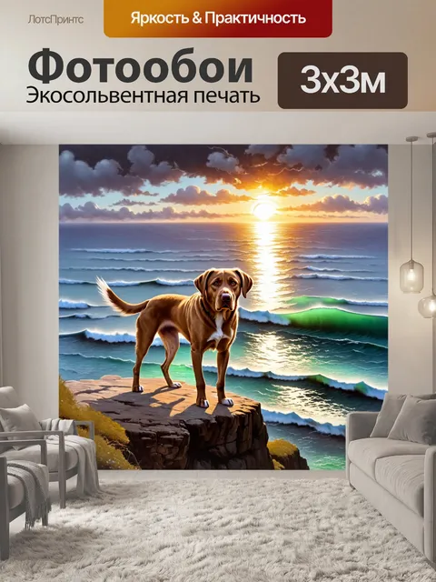 Фотообои лабрадор, стоящий на высоком утесе у морского берега, с бушующим морем под ним и ярким закатом на горизонте