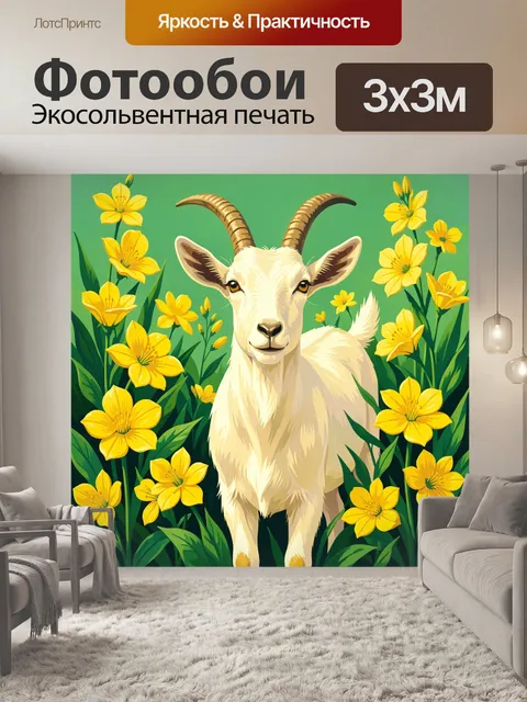 Фотообои Коза с бубенчиками среди цветов