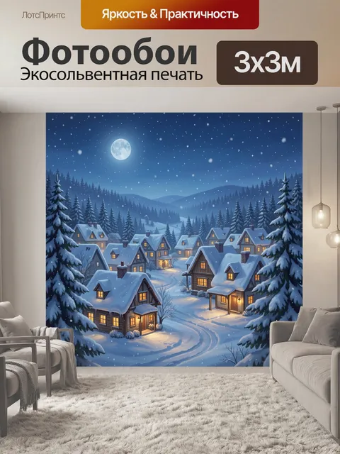 Фотообои Заснеженная деревня под луной