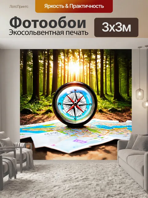 Фотообои в центре изображения находится яркий спортивный компас, который отражает утреннее солнце