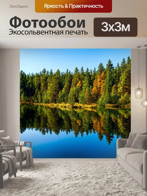 Фотообои лес с прозрачным озером, отражающим деревья и небо