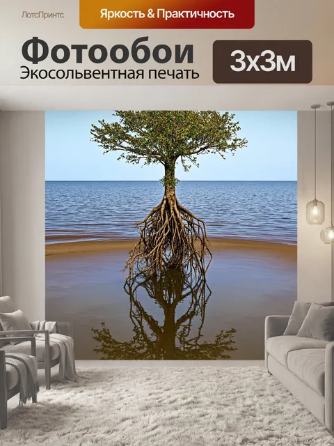 Фотообои дерево, растущее у набережной, с отражением в воде и сетью корней, тщательно проникающими в песок