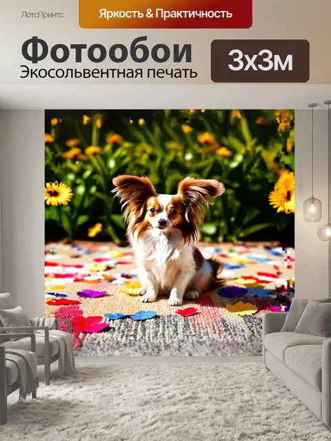 Фотообои папильон, с его яркими ушками, сидит на ковре из цветных лепестков