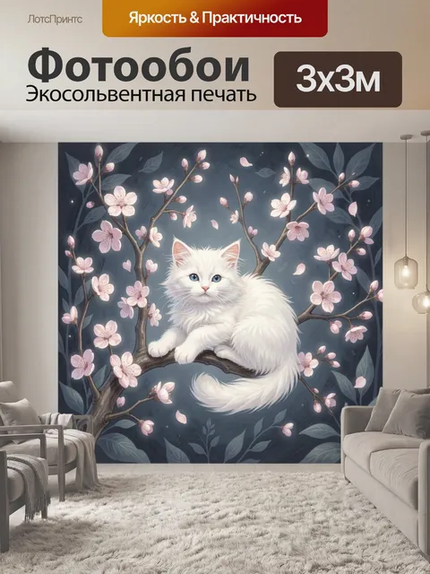 Фотообои Белый котёнок на цветущей ветке