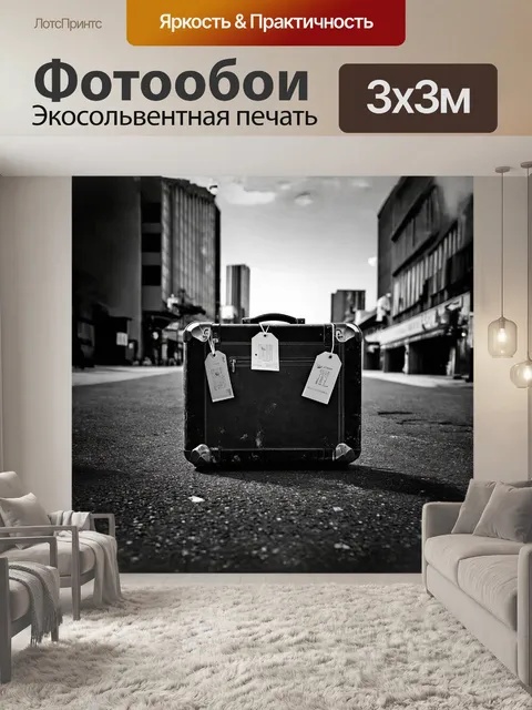 Фотообои чемодан с потертой поверхностью и старыми бирками стоит на городской улице с асфальтом и высотными домами на…
