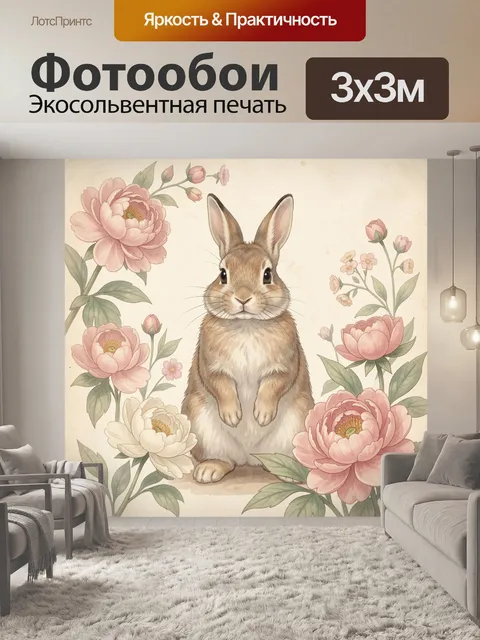 Фотообои Заяц среди нежных цветов