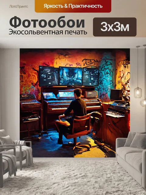 Фотообои центральное место занимает уникальное фортепиано с экзотическим дизайном