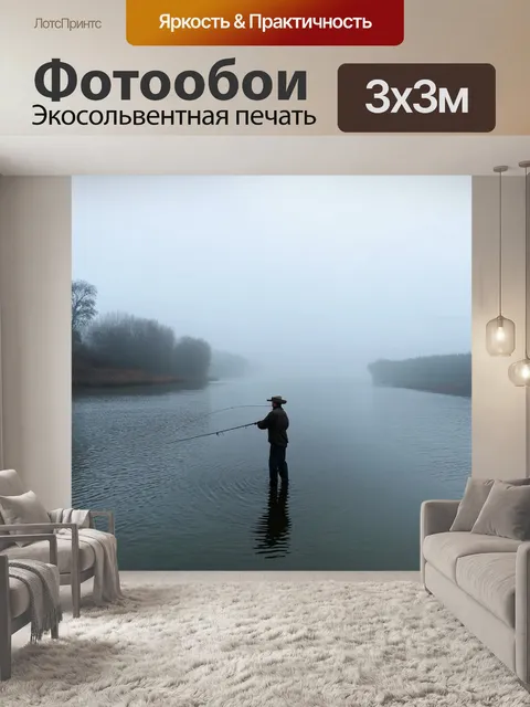 Фотообои затишок и уединение на реке, одиночество рыбака в тумане, концепция минимализма, простота и совершенство