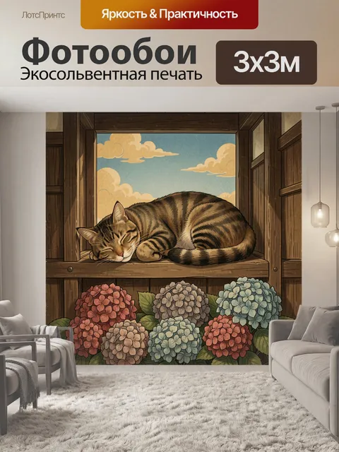 Фотообои Спящий кот среди гортензий
